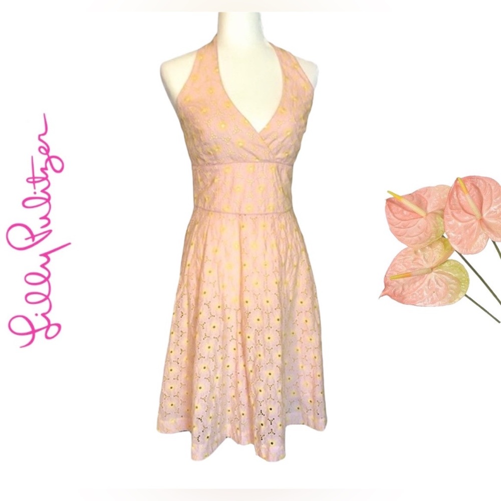 🆕 Lilly Pulitzer Willa Pink and Yellow Halter Dress NWOT Sz 6